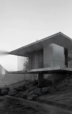 Black-and-white CGI study of a concrete coastal house on a rocky site.