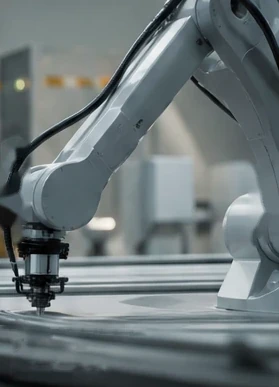 Industrial robotic arm working above a fabrication table.