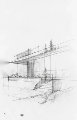 Architectural perspective drawn in fine pencil lines.