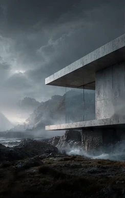 Coastal architecture beneath a dramatic, cloud-filled sky.