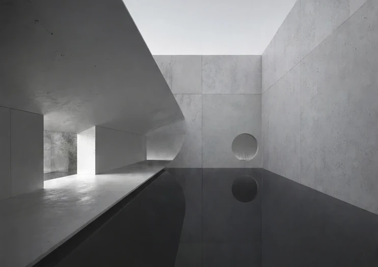 A concrete interior with a circular opening and a still reflecting pool.