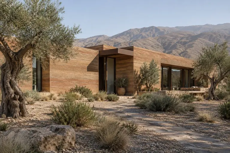 A low rammed-earth residence set within an open desert landscape of olive trees and mountains.