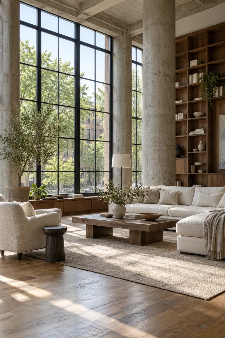 A tall city loft interior with steel windows, bookshelves and layered daylight.