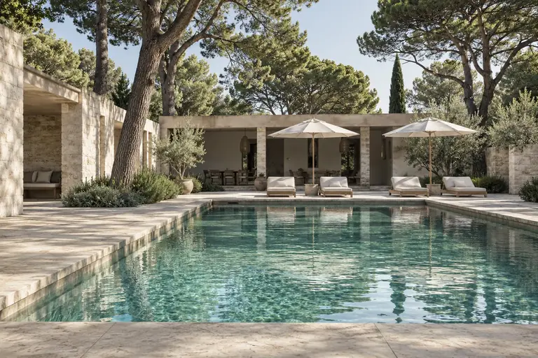 An open stone pavilion beside a long pool under umbrella pines.