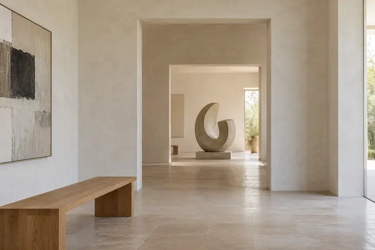 A sculpture standing at the end of a pale gallery enfilade, a timber bench in the foreground.