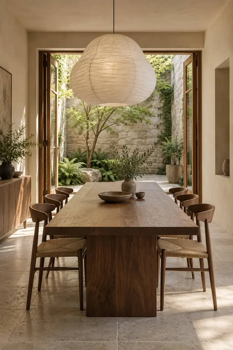 A walnut dining table and paper pendant beside a planted stone courtyard.