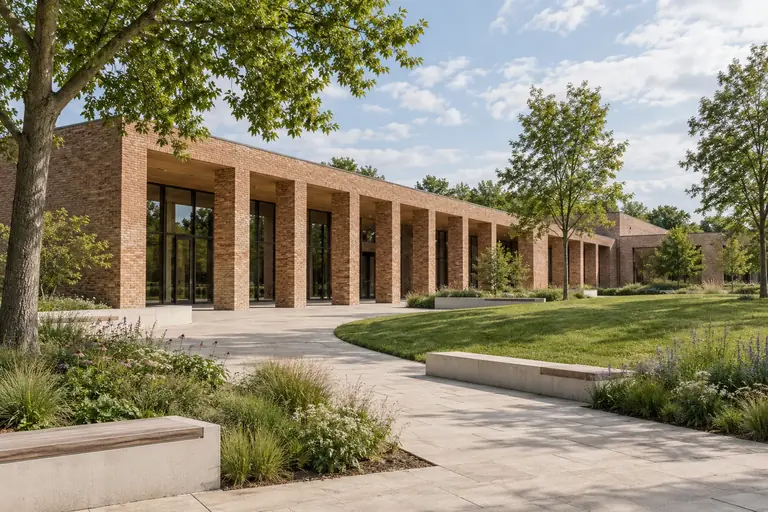 A long brick colonnade bordering the garden of a cultural building.