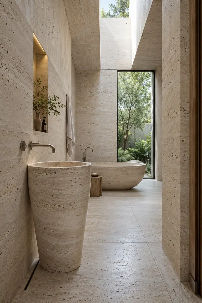 A travertine bathing room with a sculptural basin and daylight from above.