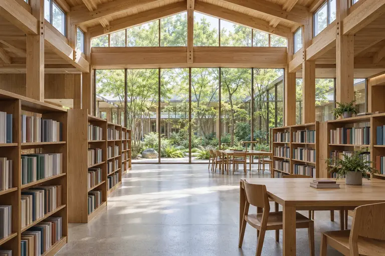 Oak library shelves beneath timber beams and high daylight windows.