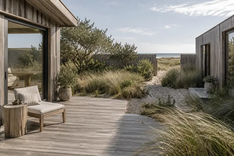 A weathered timber deck and beach-house garden among coastal grasses.