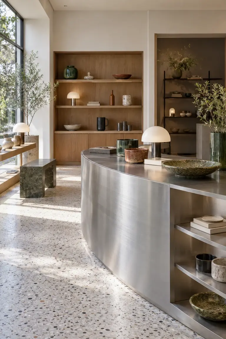 A design-object shop with curved metal displays and richly colored ceramics.