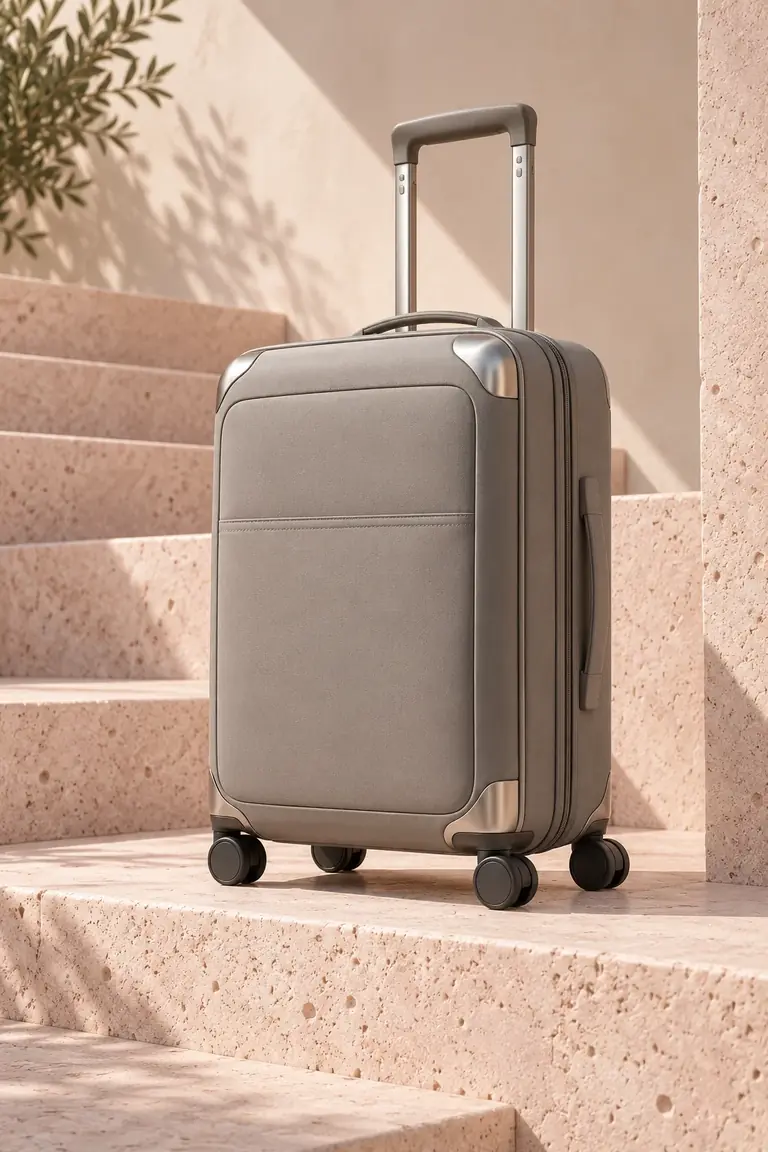 A warm-gray carry-on suitcase arranged against pale pink architectural stone steps.