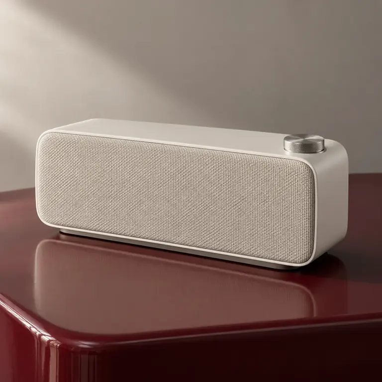 An off-white sculptural speaker on a burgundy lacquered surface with chrome details.