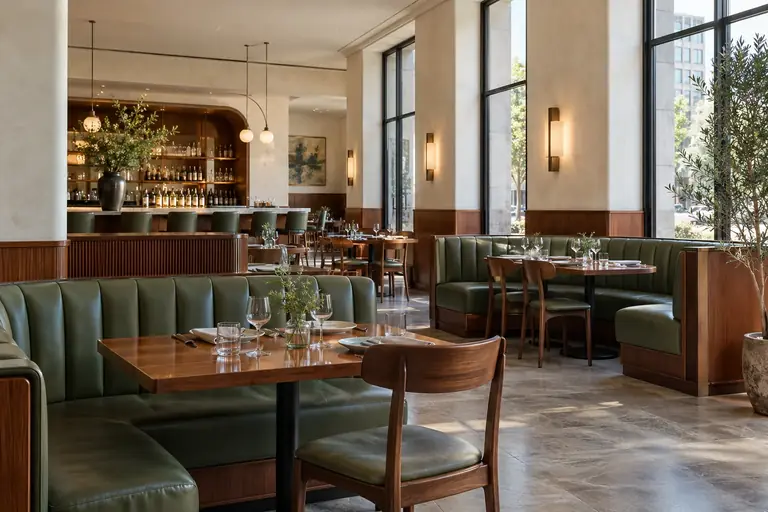 Sage-green leather banquettes and cherrywood tables in a daylight-filled restaurant.