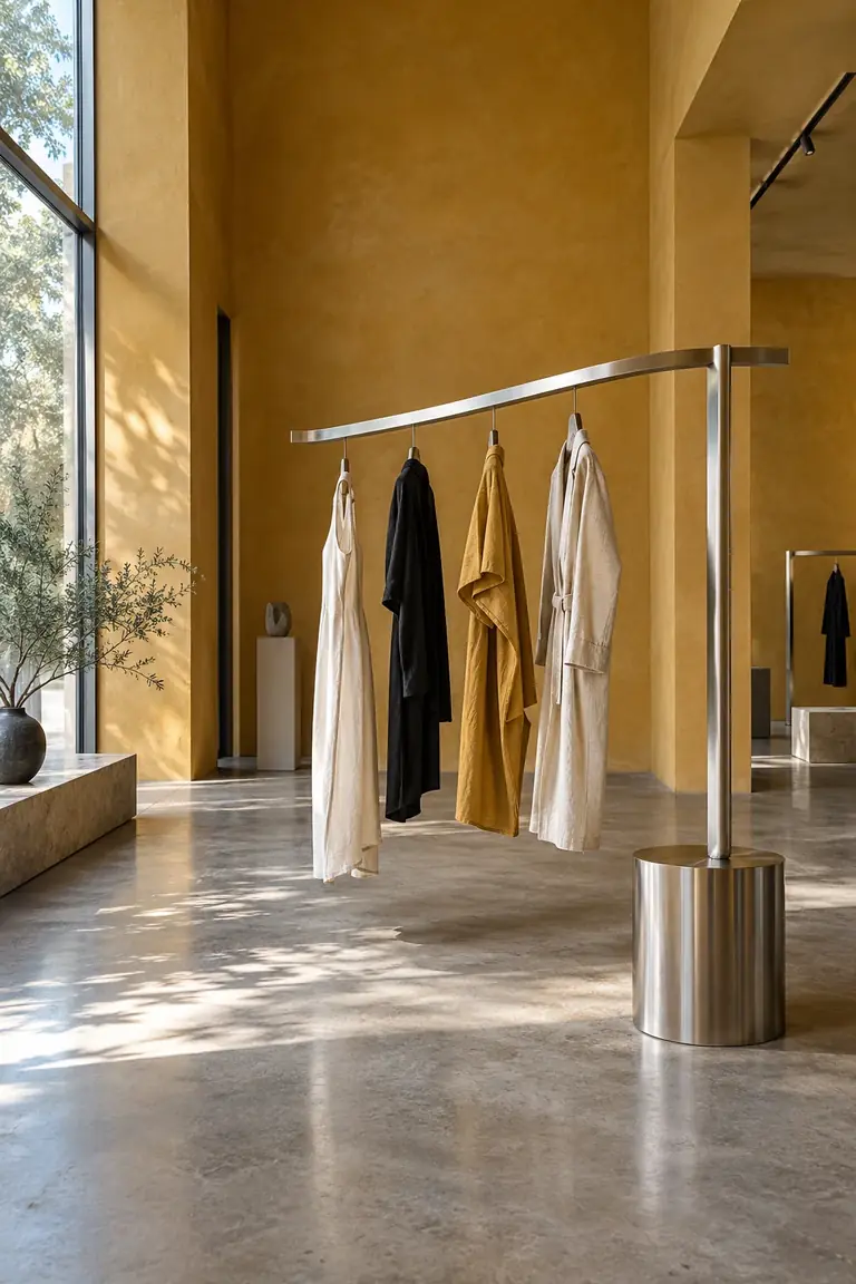 Stainless-steel garment displays within a saffron-toned fashion showroom.